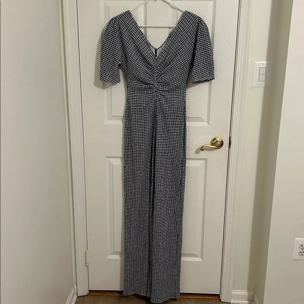 Staud Fraise Gingham Seersucker Ruched Short Sleeve Jumpsuit Navy New Size 6